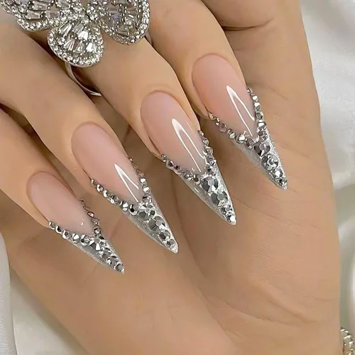 24 uñas postizas brillantes de color puro con diamantes de imitación nude con purpurina de lujo largo de aguja almendra uñas postizas uñas postizas
