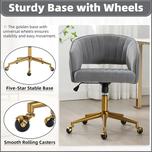 Vista 34 de ABET Silla de escritorio con ruedas, silla de terciopelo para oficina en casa, sillón giratorio con base dorada, sillas decorativas modernas