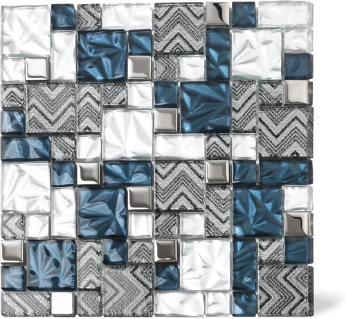 Azulejo de vidrio azul blanco para cocina, baño, pared contra salpicaduras, mosaico con patrón de Versalles [Juego de 5]