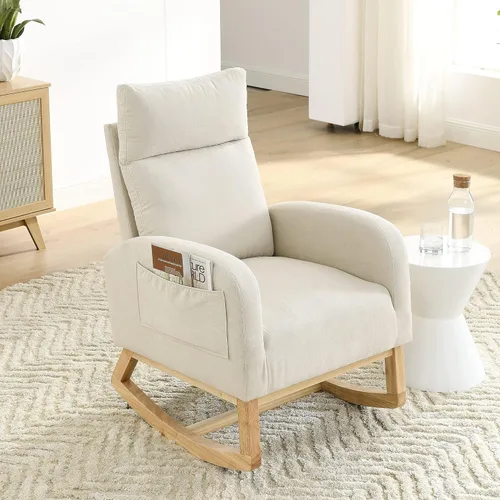Mecedora para guardería con patas de madera maciza, silla deslizante para guardería con dos bolsillos laterales, sillón mecedor para sala de estar y