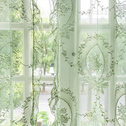 Vista 24 de Deeprove - Cortinas de encaje transparente estilo bohemio de 63 pulgadas de largo, juego de 2 paneles, borde floral con volantes, cortinas vintage