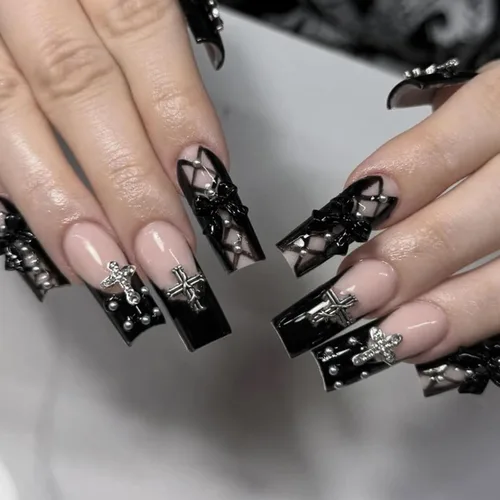 Vista 7 de IMSOHOT - Uñas postizas de Halloween largas de acrílico con punta de almendra, uñas postizas color nude, uñas adhesivas de cobertura completa, uñas