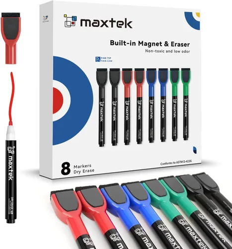 maxtek Marcadores magnéticos de borrado en seco, 8 unidades, 4 colores, punta fina
