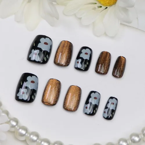 Vista 25 de 24 uñas postizas cuadradas a presión, cortas, bonitas, florales, acrílicas, con diseños de flores de arcoíris, uñas reutilizables con pegamento