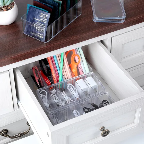 Vista 6 de Caja organizadora de cables de 8 x 4 x 2 pulgadas, pequeña caja organizadora de cables de plástico transparente con tapa, 6 compartimentos