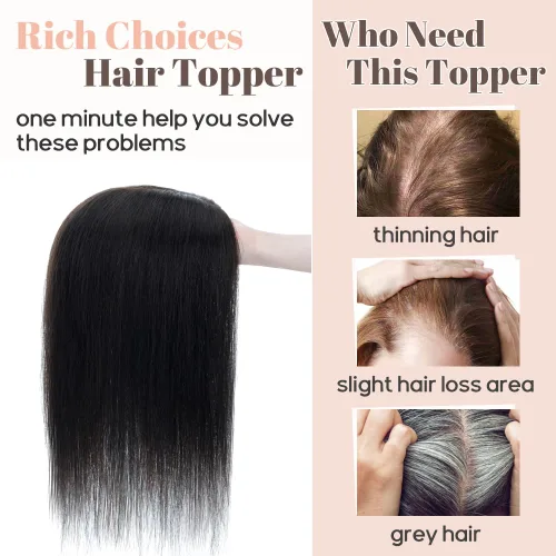 Vista 4 de Rich Choices Toppers de cabello humano real para mujer, sin flequillo, base de seda, clip, extensiones Remy para mujeres con cabello delgado, 14