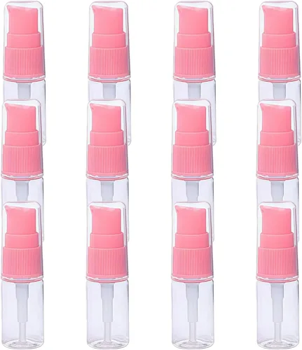 Botella bomba de loción de plástico transparente de 0.3 onzas líquidas con cabezal de bomba de presión rosa, recipiente vacío para muestras