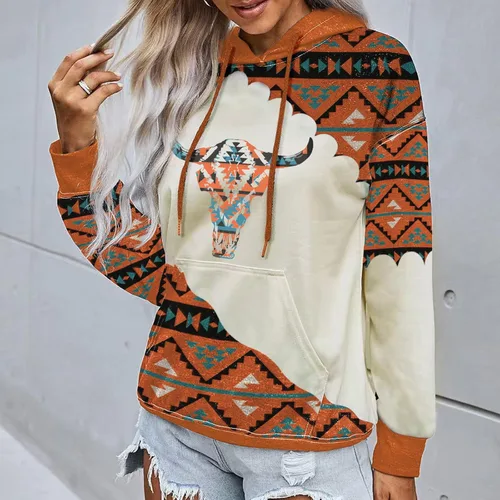 Vista 2 de Lanaoree Sudadera con Capucha Pullover para Mujer con Estampado Geométrico de Caballo Azteca Vaquera Occidental Étnica con Estampado de Rombos