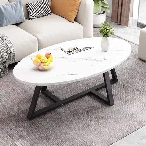 Vista 3 de Wolawu Mesa auxiliar pequeña ovalada, mesa de mármol sintético blanco para sala de estar, mesas de té centrales modernas para espacios pequeños