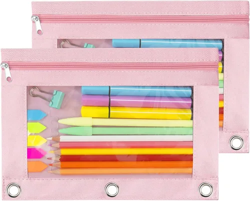 Vista 14 de Estuche para lápices con 3 anillas, con cremallera, estuche para cosméticos, color negro, paquete de 2