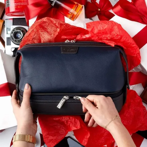 Vista 2 de Vetell Leo Large Leather Men's Travel Toiletry and Shaving Case Bag with Upper and Lower Zippered Compartments, 3 Interior Loops and Carrying Handles