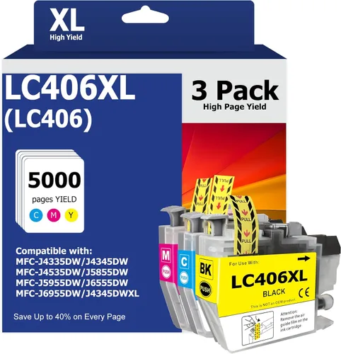 LC406XL - Cartuchos de tinta a color para impresoras Brother LC406 LC406XL, alto rendimiento 406XL, cian, magenta, amarillo, repuesto para