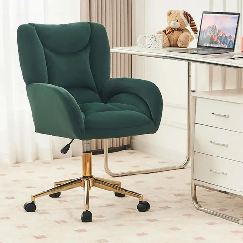 Vista 11 de Velvet Swivel Desk Chair with Gold Base - 360° Rotating Office Chair with Ergonomic Tufted Backrest, Thick Sponge Cushion & Universal Wheels for