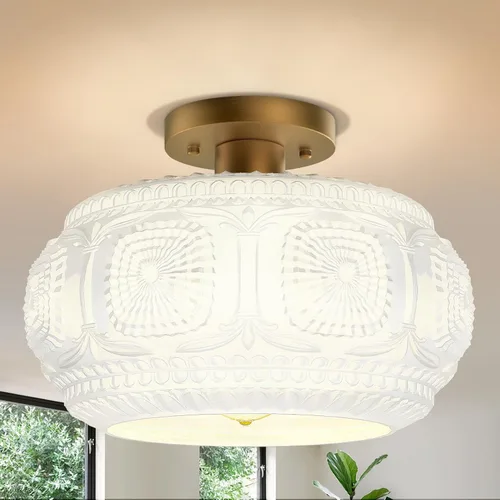 Vista 44 de Lámpara de techo semiempotrada de vidrio de leche, color dorado Oro (cristal blanco)