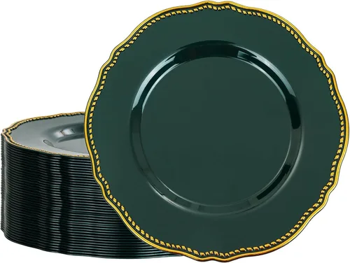 Vista 43 de Hioasis 60 platos de plástico negro, vajilla desechable negra y dorada con borde dorado, resistente, 7.5 pulgadas, platos de postre para fiesta