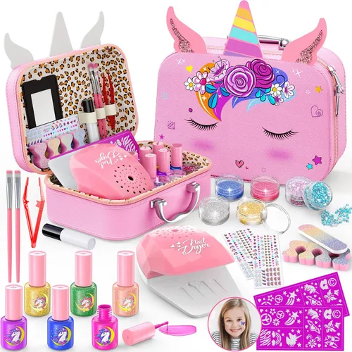 Juego de esmalte de uñas para niños y niñas, kit de arte de uñas con secador de uñas y calcomanías de uñas DIY, juguetes de kit de uñas para niñas