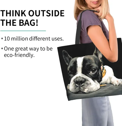 Vista 2 de Linda bolsa de mano para perro francés para mujer, bolsas de playa reutilizables, bolsa de lona para hombro, bolsa impermeable para viajes, compras