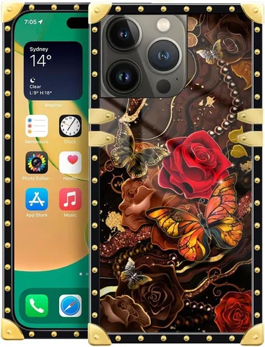 DAIZAG Funda compatible con iPhone 15 Pro Max, diseño de mariposas doradas, decoración de esquinas de metal retro dorado con diseño de flores de