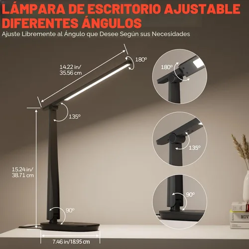 Vista 5 de Honeywell Lámpara de escritorio LED para oficina en casa, luz de cuidado de los ojos con 4 modos de color y control táctil, puertos de carga USB