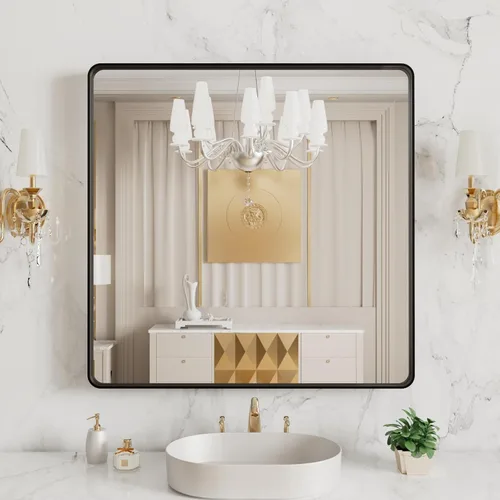 Vista 103 de LOAAO 20x16 Pulgadas Espejo de Baño con Marco de Metal Negro para Pared, Espejo de Tocador de Baño de Estilo Granja, Espejo Grande Rectangular