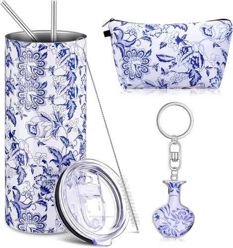 Abbylike 3 vasos de acero inoxidable azul y blanco de 20 onzas, regalo chinoiserie, bolsa de maquillaje azul y blanco, llavero para enamorados,