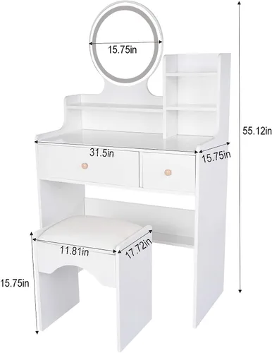 Vista 7 de Escritorio de tocador de maquillaje blanco con luces espejo y cajón, tocadores pequeños y bancos de tocador, tocadores para Maquillar, moderno juego