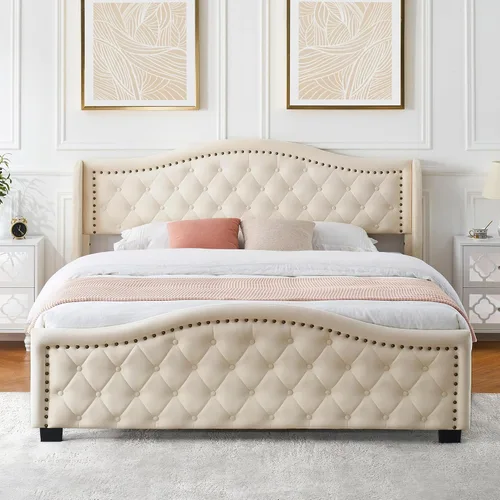 Vista 12 de Base de cama de plataforma tapizada tamaño Queen con cabecero alto de 47.2 pulgadas, cama Queen con botones de terciopelo y cabecera con alas