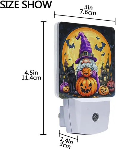 Vista 4 de Wusikd Juego de 2 luces nocturnas de gnomos de Halloween, luces LED enchufables con sensor de atardecer a amanecer, lámpara con sensor automático
