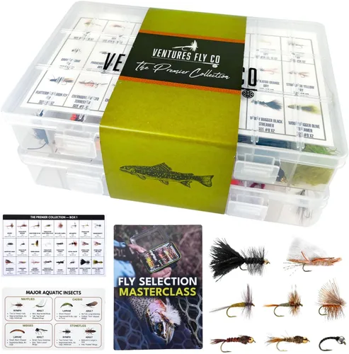 Ventures Fly Co. | Surtido de 122 moscas de pesca con mosca atadas a mano | Dos cajas para moscas incluidas | Seco, húmedo, ninfas, serpentinas,