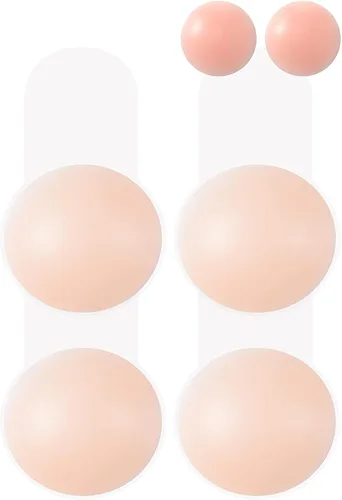 2 pares de sujetadores adhesivos sin tirantes, sujetadores invisibles de silicona para mujeres con fundas para pezones, Beige, M