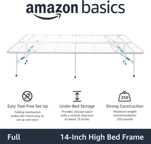 Vista 4 de Amazon Basics Base de cama de plataforma matrimonial, metal plegable, instalación sin herramientas, 14 pulgadas de alto, color blanco
