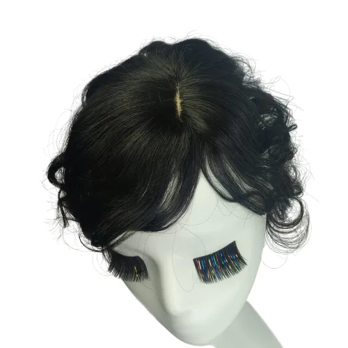 Vista 2 de Anemone Toppers humanos rizados y ondulados con clip con flequillo lateral, flecos, para mujeres, pelucas para pérdida de cabello suave, cubierta