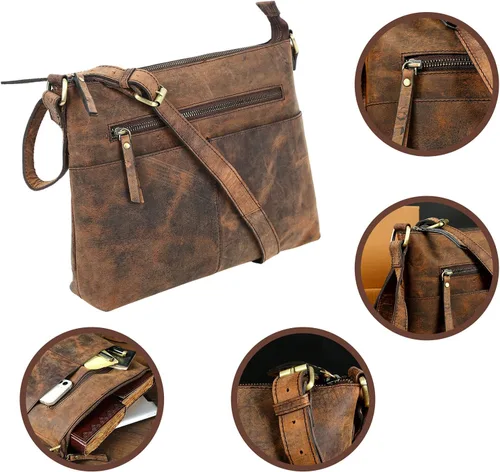 Vista 4 de Bandoleras de cuero para mujer Bolso bandolera de cuero genuino para mujer, Marrón