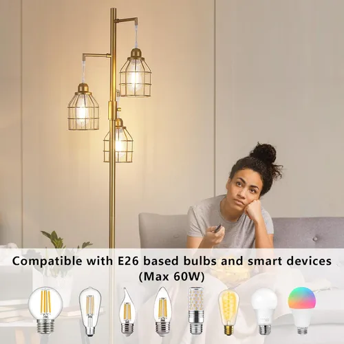 Vista 4 de 9MMML Lámpara de pie dorada regulable, lámpara de pie alta industrial dorada para sala de estar, dormitorio, oficina, pantalla de 3 jaulas