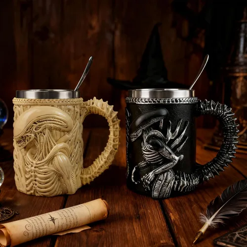 Vista 3 de Taza de 14 onzas con cuchara de extraterrestre, regalo para fanáticos Negro