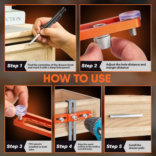 Vista 8 de Plantilla de hardware para gabinete con lápiz de agujero profundo, herramienta de plantilla de mango de gabinete ajustable con orificio