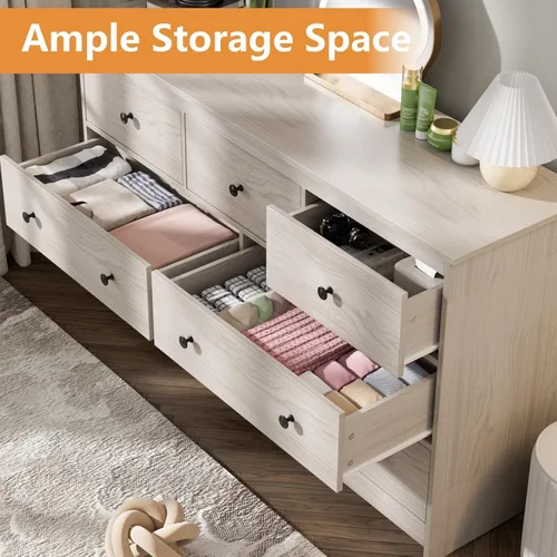 Vista 18 de Cómoda negra de 7 cajones para dormitorio, cómoda de madera de 55 pulgadas de ancho con asas doradas, organizador moderno y grande para sala