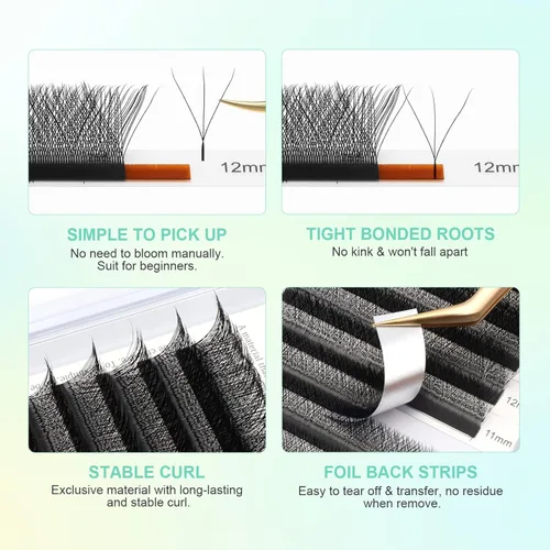 Vista 102 de NAGARAKU Extensión de pestañas en forma de W 3D con volumen en racimo, abanico prefabricado, pestañas postizas de visón sintético mate negro