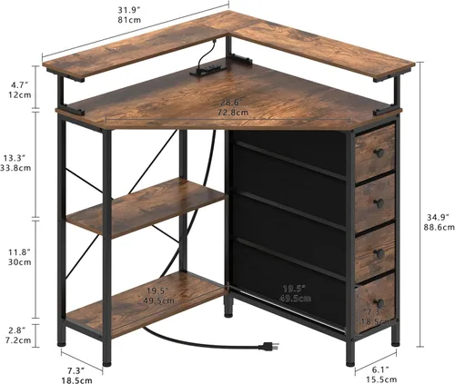 Vista 3 de Escritorio esquinero con cajones y estantes para espacio pequeño, escritorio triangular de computadora de 90 grados con tomas de corriente