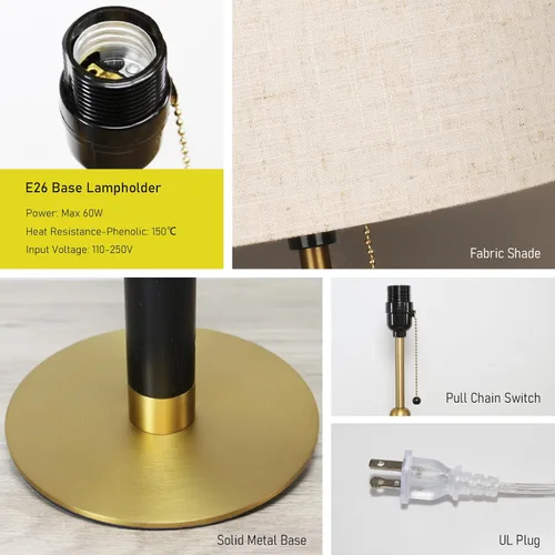 Vista 8 de 18.9" Modern Mid Century Table Lamp Pull Chain Bedside Lamps for Nightstand Lamp for Bedroom Living Room 3-Color Light Solid Wood/Metal/Fabric for