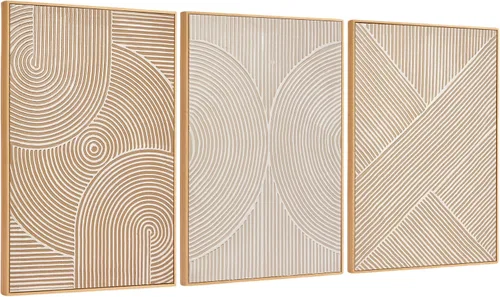 Vista 19 de Zessonic Arte de Pared 3D con Textura Grande Conjunto Neutro de 3-24"x36" Pinturas de Lienzo Abstractas Pintadas a Mano Enmarcadas Marrones