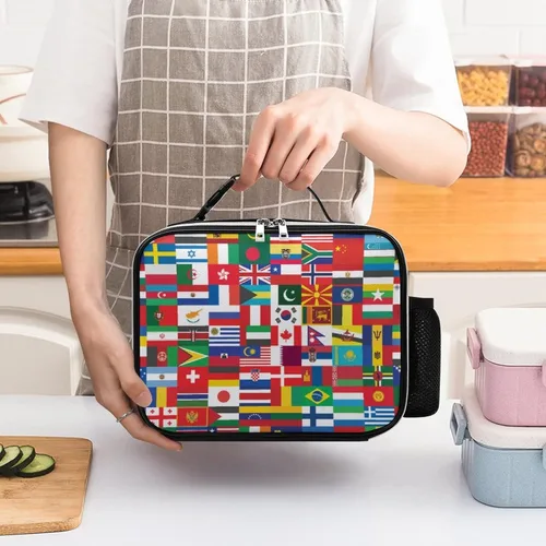 Vista 3 de Bolsa de almuerzo con bandera mundial, reutilizable, aislada, desmontable, de cuero, con asa para preparación de comidas, soporte para picnic