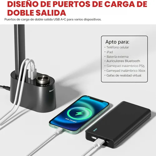 Vista 6 de Honeywell Lámpara de escritorio LED mejorada - H01 Pro Sunturalux™ Luz de escritorio plegable con puertos de carga USB A+C, lámpara de mesa Negro