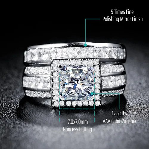 Vista 3 de 3Ct Princess Wedding Rings for Women Engagement Ring Set Bands 18k White Gold Plated Halo Cz Size 6-10