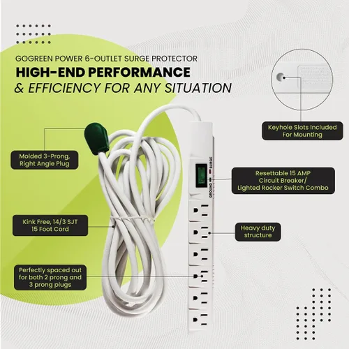 Vista 4 de Gogreen Power gg-16315 – 15 6 Outlet con protector de sobretensión 15 ft Cord Blanco