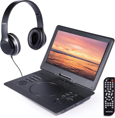 Aiwa - 14" Portable Media Player Travel Kit, DVD & CD Player Portable with Swiveling Screen, Built-in Stereo Speakers, HDMI Input, Remote Black