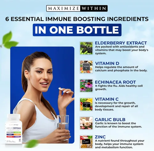 Vista 4 de Maximum Slim Potente suplemento 6 en 1 ImmuneDefense con zinc, vitamina C, saúco, vitamina D, equinácea y ajo, 60