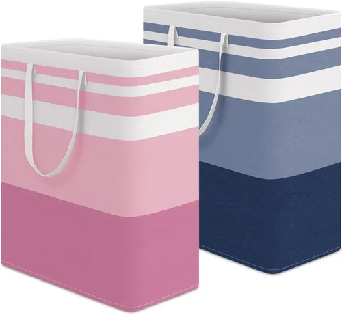 Vista 27 de HomeHacks Paquete de 2 cestas grandes para la lavandería, impermeable, cesta de lavandería independiente, cesta de ropa alta plegable con asas Azul