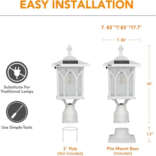 Vista 4 de Kemeco ST4328Q-W - Lámpara solar de poste exterior de aluminio fundido blanco con montaje de pire de 3 pulgadas para poste, pilar, patio, jardín
