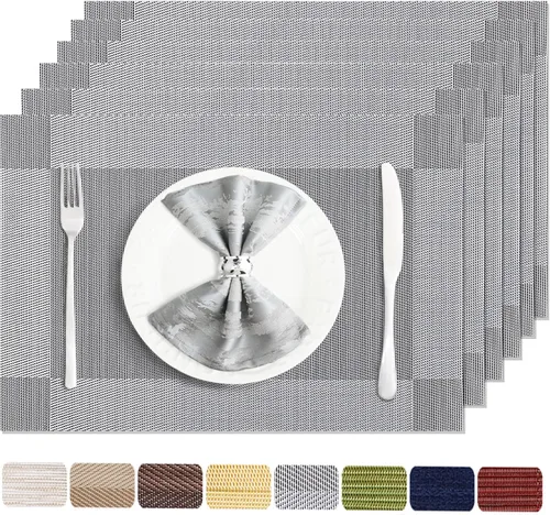 Juego de 6 manteles individuales lavables y limpiables en plata para mesa de comedor, cocina, interior y exterior, manteles individuales resistentes